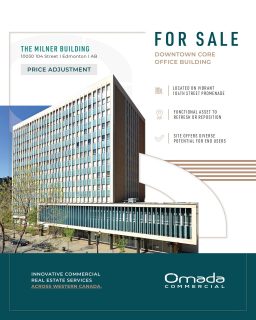 📣 Significant price adjustment — Downtown Edmonton Office Building for Sale! 📣
The Milner Building is a 12-storey, mid-century steel and concrete tower sitting on the vibrant 104th Street Promenade — an iconic piece of Edmonton's downtown core that is ready to be refreshed, repositioned, or reimagined entirely.
– Office, mixed-use, or residential conversion potential
– Steps from Ice District, the Financial Core & 104 Street Farmer's Market
– Easily accessible by vehicle, transit & bike
Contact us for more information on this incredible opportunity!
.
.
#CRE #YEGrealestate #YEGcre #104Street #DowntownEdmonton #CommercialRealEstate #InvestmentOpportunity #OfficeBuilding #OfficeForSale #ResidentialConversion #Redevelopment #OmadaCommercial #yegDT